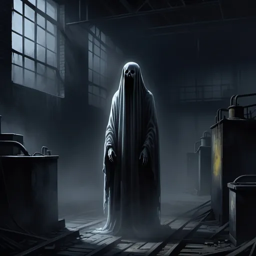 Prompt: Illustration, chiaroscuro, sorrowful, sad, gothic, a digital painting of a ghost made of shadows, standing dramatically, weeping, ghostly, misty, foggy, in a run down factory at night, 