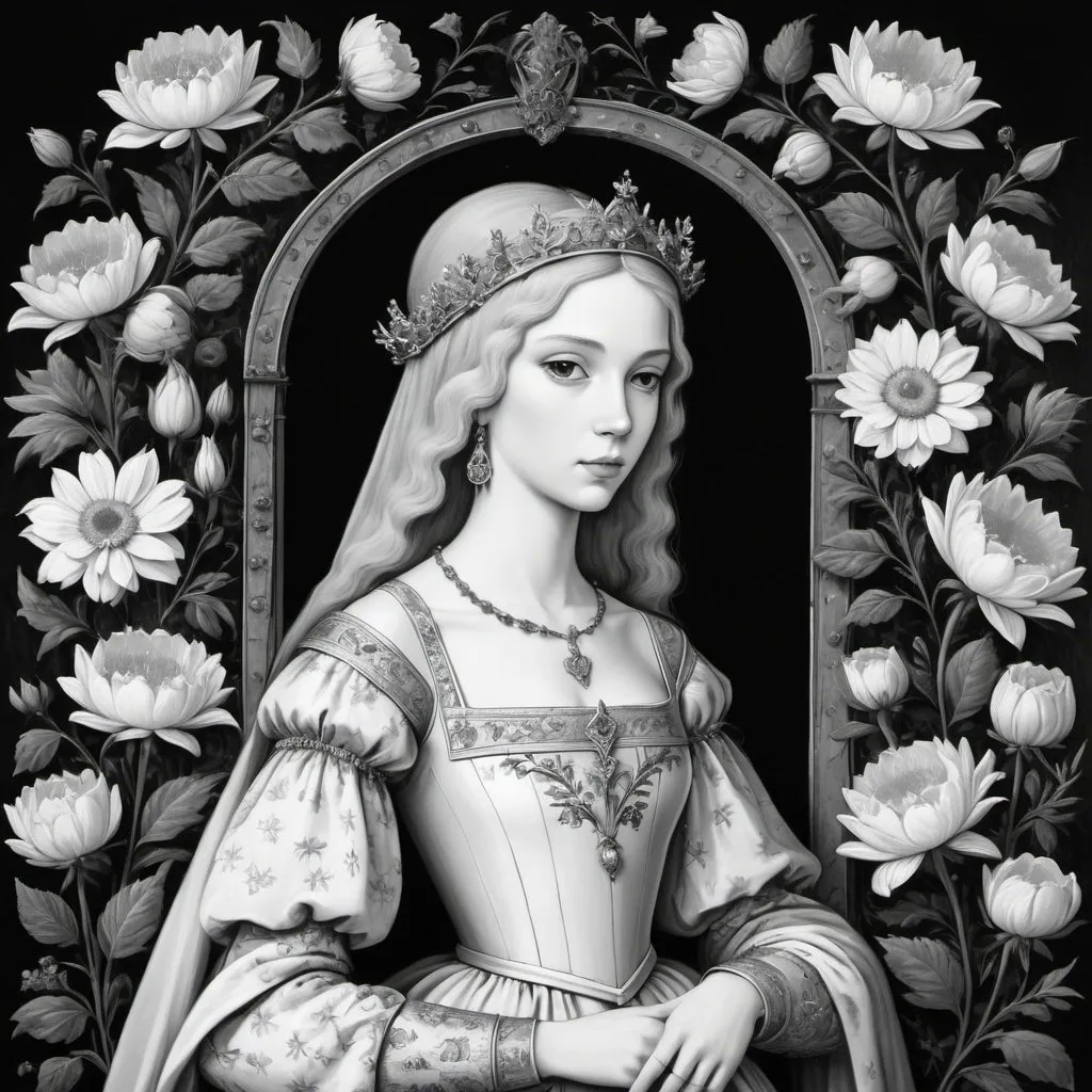 Prompt: Medieval painting of a princess, surrounded by flowers, black and white, 