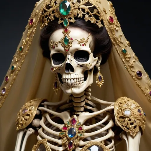 Prompt: A skeleton covered in gold and jewels, silk gown, gem encrusted, gilded, 
