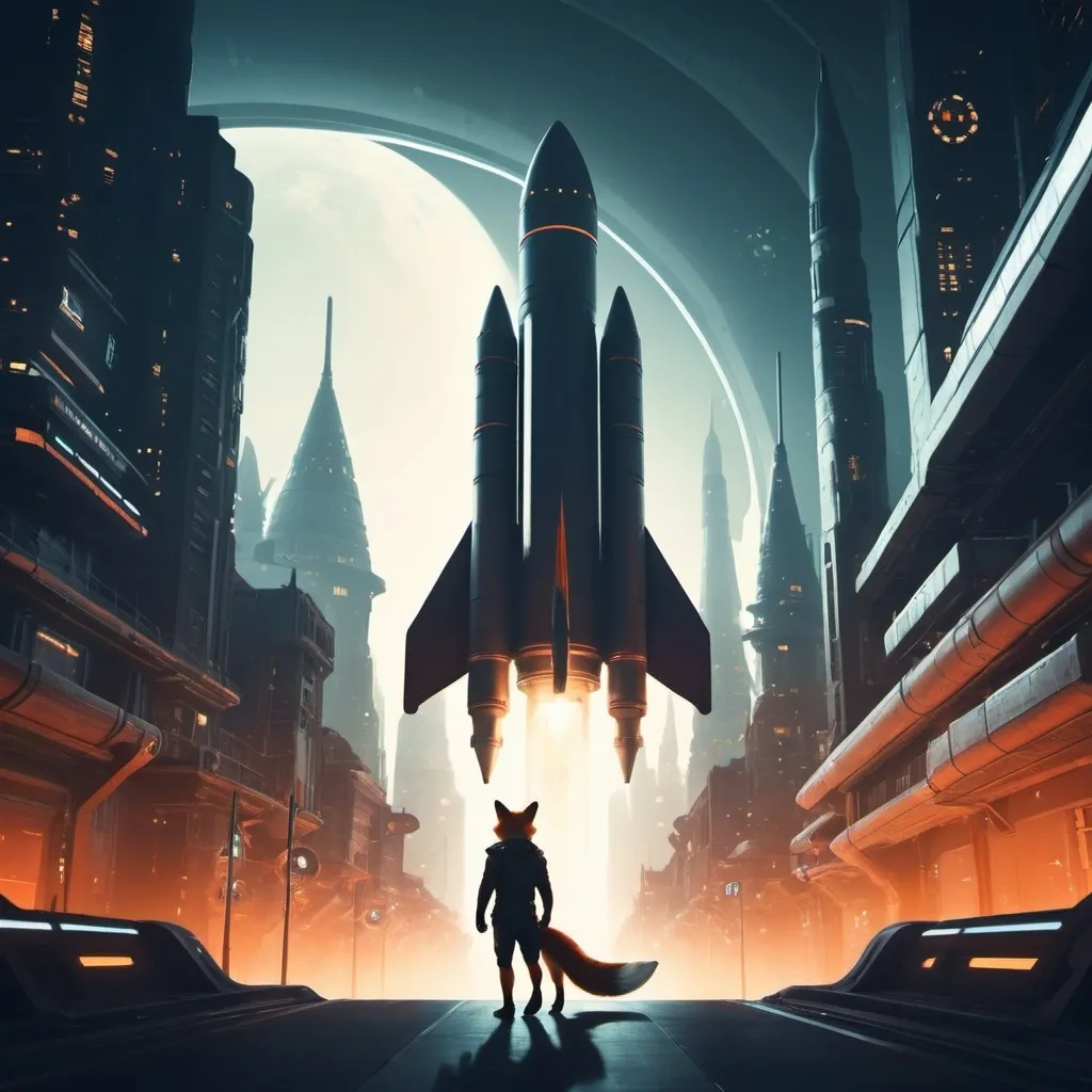 Prompt: the silhouette of a fox entering a rocket ship in a futuristic city