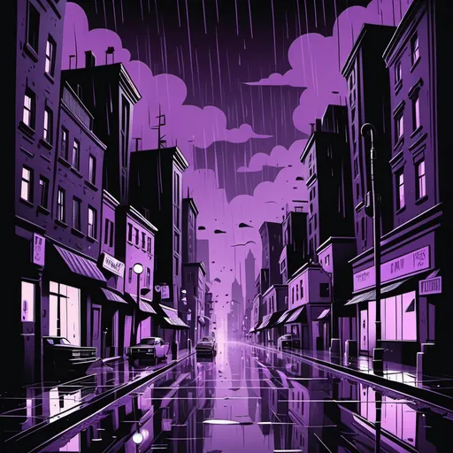 Prompt: cartoon noir city with rain purple and black