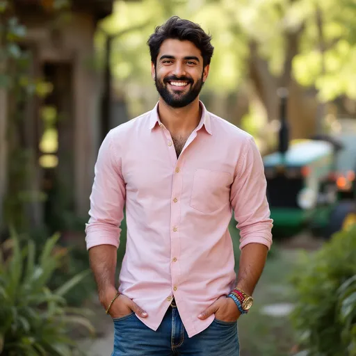 Prompt: Standing confidently against a backdrop of a rustic outdoor setting, a man with a broad smile showcases a casual yet stylish look, sporting a light pink button-up shirt with rolled sleeves and denim jeans. His dark hair and beard frame a joyful expression, complemented by minimal jewelry that adds a personal touch, including colorful thread bands on his wrist. Behind him, hints of green foliage and a glimpse of a tractor suggest a rural environment, while the subtle background blur enhances the focus on him. The bright daylight casts a warm glow, creating a cheerful and approachable atmosphere, encapsulating a moment of relaxed suburban life.