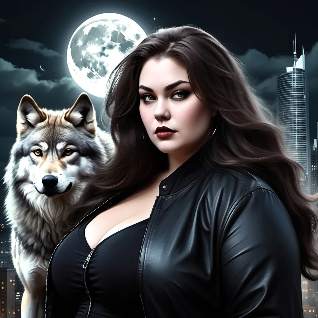 Prompt: plus size and powerful woman, slightly sweet features, flowing hair black color, black jacket, full moon in the background, city with tall buildings at the base of the image, with two wolves, like a supernatural romance book cover style