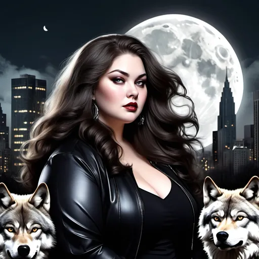 Prompt: plus size and powerful woman, slightly sweet features, flowing hair black color, black jacket, full moon in the background, city with tall buildings at the base of the image, with two wolves, like a supernatural romance book cover style