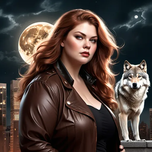 Prompt: plus size and powerful woman, slightly sweet features, flowing hair, copper color, black jacket, full moon in the background, city with tall buildings at the base of the image, with a brown wolf, supernatural romance book cover style, no writing