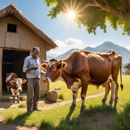 Prompt: "A father feeding a brown cow in front of a rural hut. The cow is eating grass, and the father is smiling gently. The background includes a sunny sky and trees."


