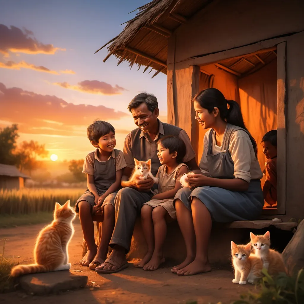 Prompt: "A rural family sitting together outside a small hut during sunset. The father is telling a story, the mother and elder sister are listening with smiles, and a small boy is holding a kitten on his lap. The sky is orange with a glowing sunset, and the atmosphere feels warm and happy."

