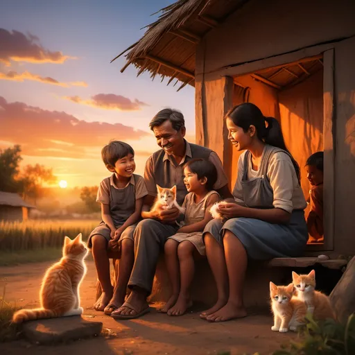 Prompt: "A rural family sitting together outside a small hut during sunset. The father is telling a story, the mother and elder sister are listening with smiles, and a small boy is holding a kitten on his lap. The sky is orange with a glowing sunset, and the atmosphere feels warm and happy."

