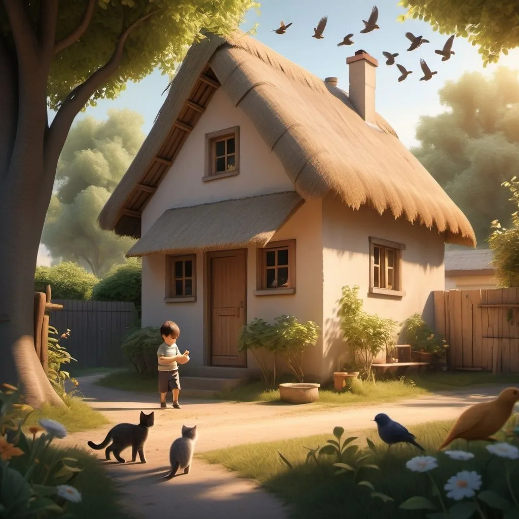 Prompt: "A small rural house with a thatched roof under the morning sunlight, surrounded by trees and birds flying in the sky. A 5-year-old boy playing in the front yard with a small kitten. The scene feels peaceful and bright, with soft shadows on the ground."