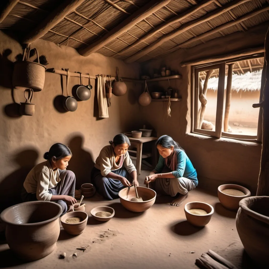 Prompt: "Inside a cozy rural hut, a father is working with farming tools, the mother is preparing food, and an elder sister is stirring a pot. A small boy is watching with curiosity. The room is simple, with earthen walls and wooden furniture."