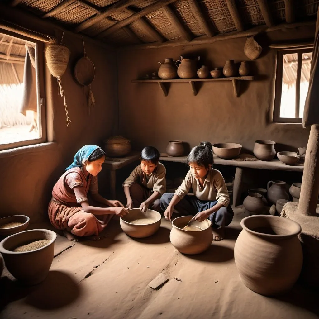 Prompt: "Inside a cozy rural hut, a father is working with farming tools, the mother is preparing food, and an elder sister is stirring a pot. A small boy is watching with curiosity. The room is simple, with earthen walls and wooden furniture."