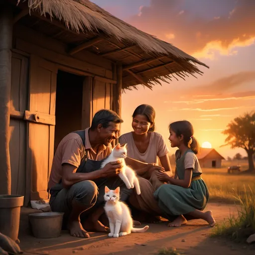 Prompt: "A rural family sitting together outside a small hut during sunset. The father is telling a story, the mother and elder sister are listening with smiles, and a small boy is holding a kitten on his lap. The sky is orange with a glowing sunset, and the atmosphere feels warm and happy."

