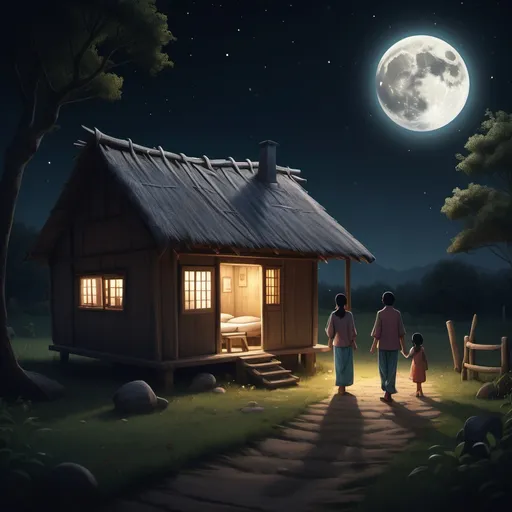 Prompt: "A small rural house glowing with dim light from inside. The moon is shining in the night sky, and the surrounding area is calm and peaceful. The family members are walking inside the hut to sleep."


