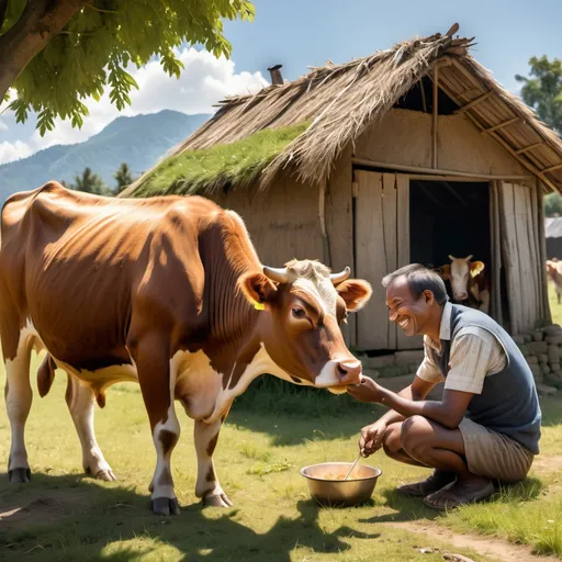 Prompt: "A father feeding a brown cow in front of a rural hut. The cow is eating grass, and the father is smiling gently. The background includes a sunny sky and trees."


