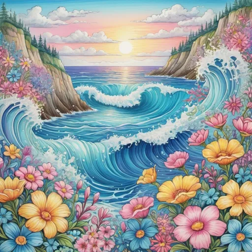 Prompt: A handmade drawing of a ocean made of colouful flowers