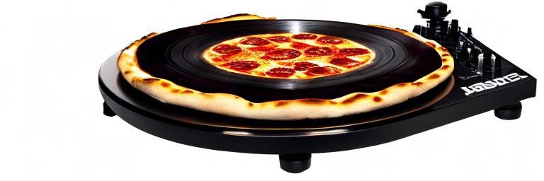 Prompt: use an image of a DJ with a pizza for turntable dimension 1000x240