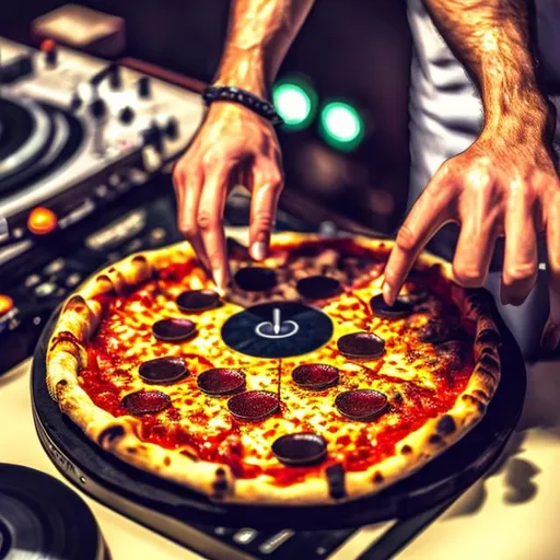 Prompt: use an image of a DJ with a pizza for turntable