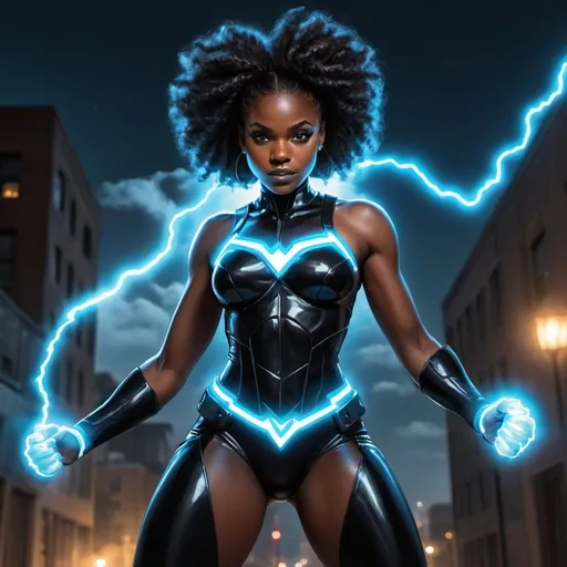 Prompt: black woman hero with electric power, she is surrounded by electric to show off her powers. her costume is light blue and black. night time.