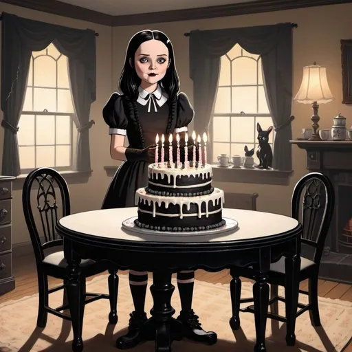 Prompt: Wednesday Adams  computer cartoon, standing at a table, with a black fancy creepy large birthday cake on the table. the dining room should have a creepy setting but daytime light coming thru the window. the kitchen should have some dark spaces in the doorways. 