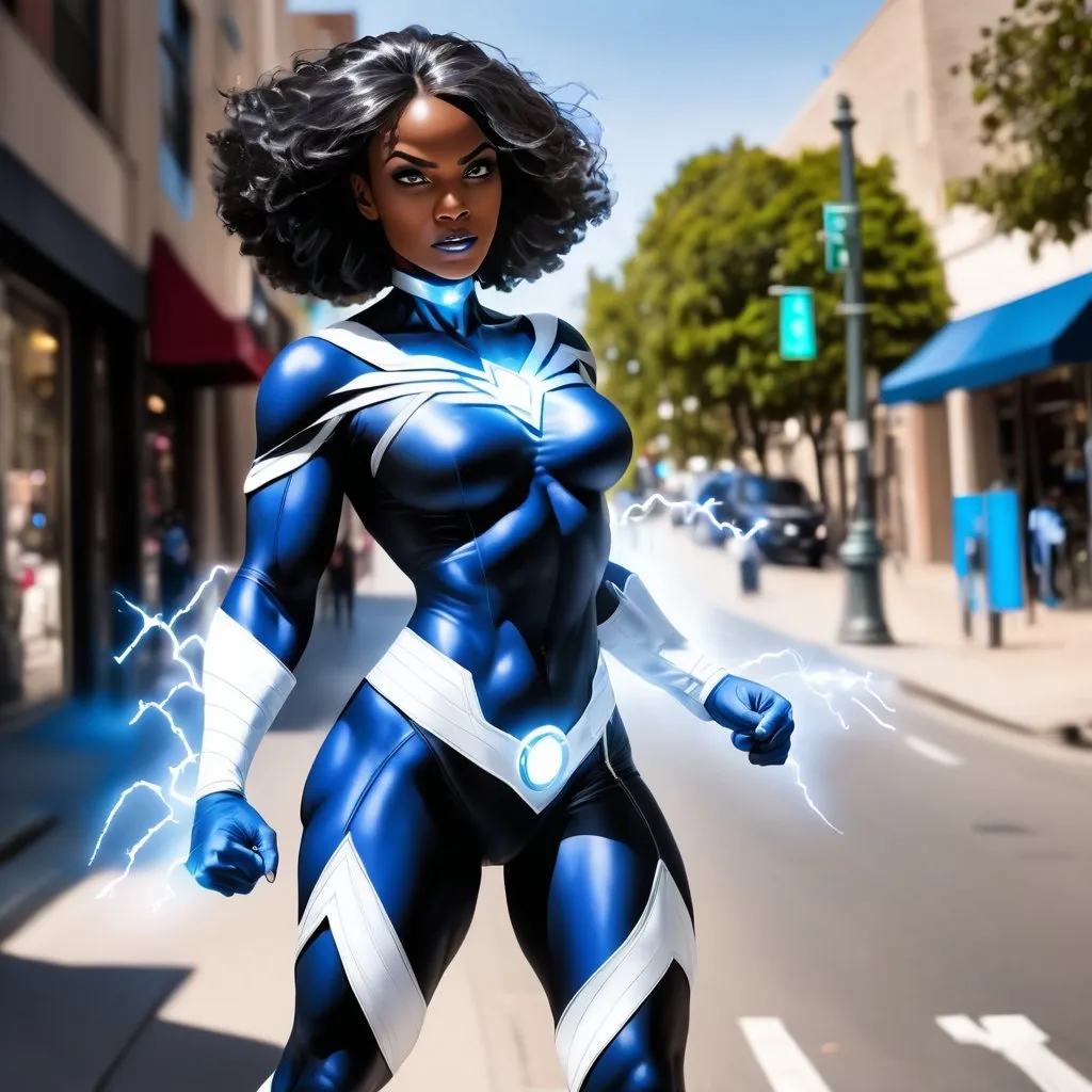 Prompt: black super hero woman with electrical powers on the streets her costume is blue and white. she must be show her powers around her.

