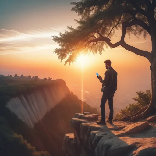 Prompt: a man standing on a cliff next to a tree at sunset with a cell phone in his hand and a sunset in the background, Chris LaBrooy, samikshavad, anamorphic lens flare, a stock photo