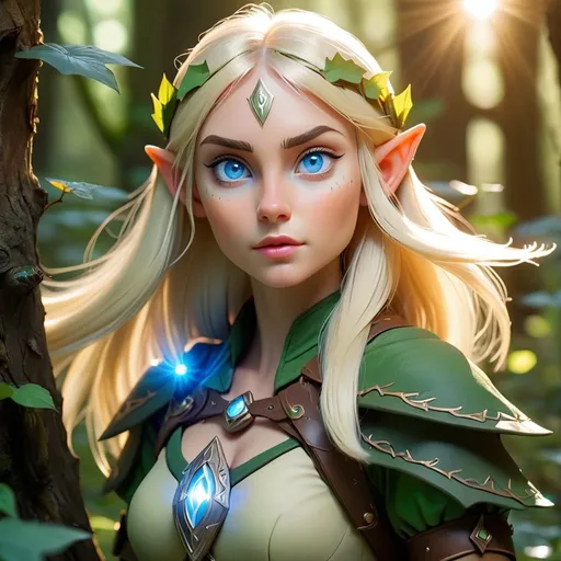 Prompt: Elf ranger in a mystical forest around sunlight,  blue eyes, blonde hair