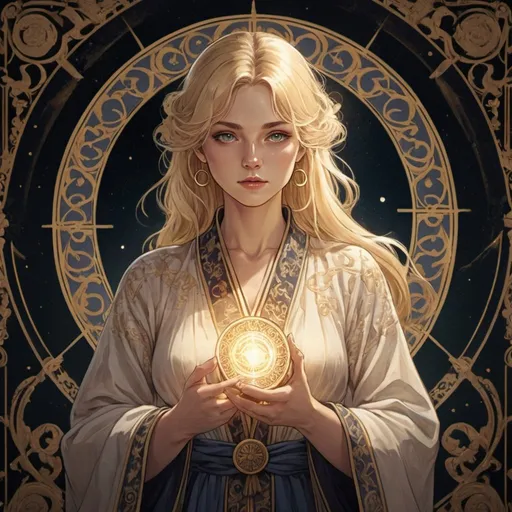 Prompt: tarot card Anime illustration, a blonde haired woman, detailed ornate cloth robe, dramatic lighting, light worker, circle of light 