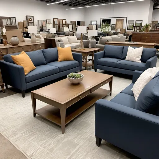 Prompt: 
4️⃣ Refurbished furniture is displayed in a showroom, labeled as sustainable, and offered at discounted prices.