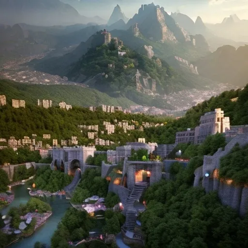 Prompt: Create an image of an RPG-style city, nestled in the middle of a mountain range. A river flows down from the mountains, cutting the city in half. This city is the super populous capital of the Elven Kingdom and is protected by three concentric walls. Each ring between the walls has distinct neighborhoods and houses divided by social classes. The outer ring features modest homes and bustling markets, the middle ring has more elegant residences and artisan shops, and the inner ring contains opulent mansions and the royal palace. The city extends up the mountainside, with the palace situated on the mountains' slope. The architecture is a blend of natural elements and elven elegance, with towers and bridges adorned with intricate carvings and lush greenery. 