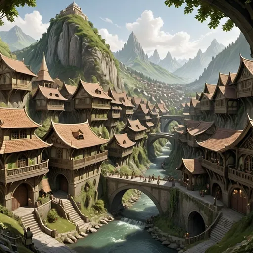 Prompt: Create an image of an RPG-style city, nestled in the middle of a mountain range. A river flows down from the mountains, cutting the city in half. This city is the super populous capital of the Elven Kingdom and is protected by three concentric walls. Each ring between the walls has distinct neighborhoods and houses divided by social classes. The outer ring features modest homes and bustling markets, the middle ring has more elegant residences and artisan shops, and the inner ring contains opulent mansions and the royal palace. The city extends up the mountainside, with the palace situated on the mountains' slope. The architecture is a blend of natural elements and elven elegance, with towers and bridges adorned with intricate carvings and lush greenery. 