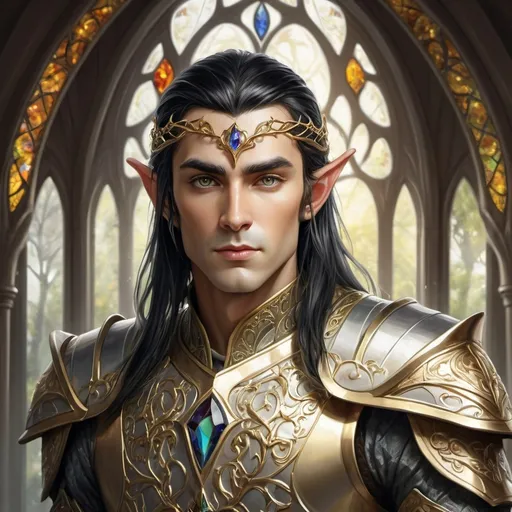 Prompt: A majestic elven king with black hair and a striking white streak in his bangs. He wears golden armor, intricately detailed with elven symbols and royal ornaments. The armor gleams with a slight reflection of light, highlighting its grandeur and nobility. His gaze is firm and determined, emanating wisdom and leadership. In the background, a setting of a royal elven hall with colorful stained glass windows and elements of nature, emphasizing the majesty and elven heritage of the king
