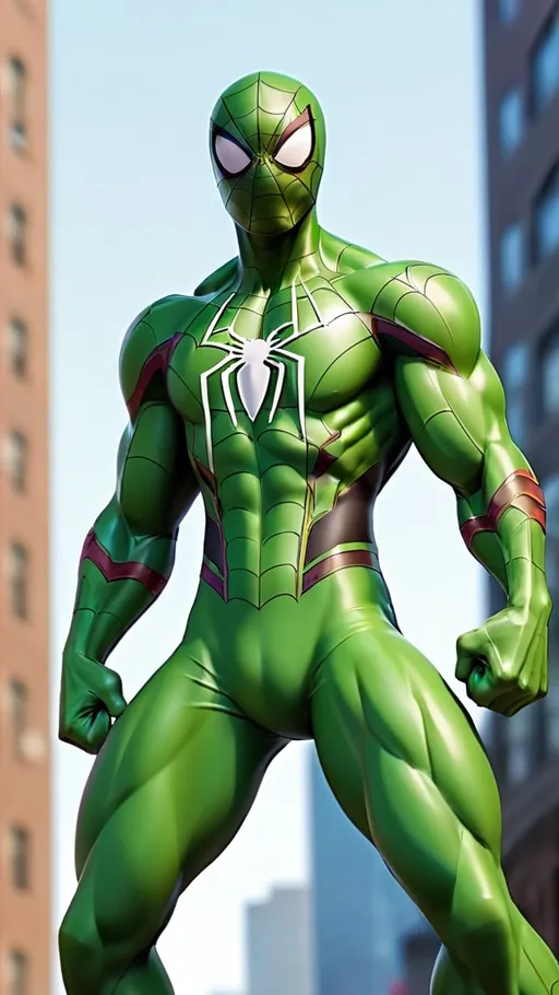 Prompt: Spiderman wearing Green costume muscular and standing 