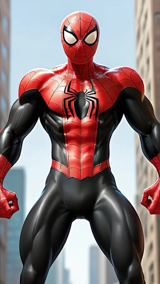 Prompt: Spiderman wearing black costume muscular and standing 