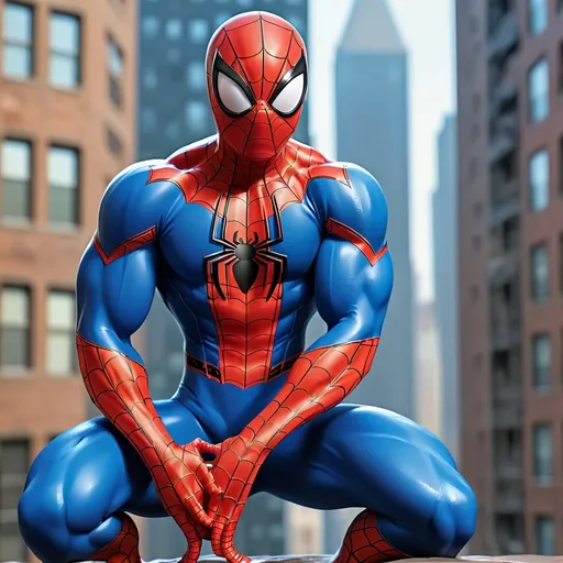 Prompt: Spiderman wearing blue costume muscular 