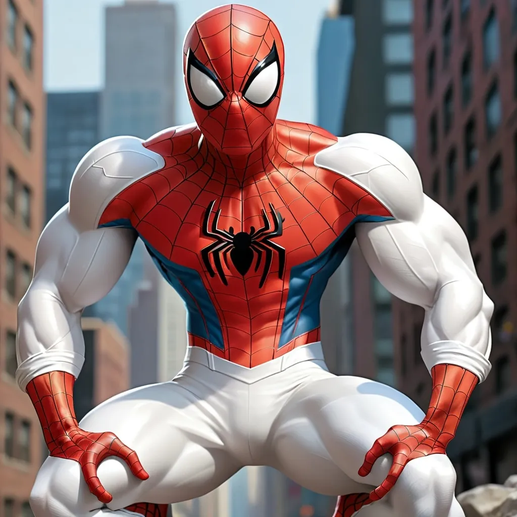 Prompt: Spiderman wearing white costume and very muscular . 