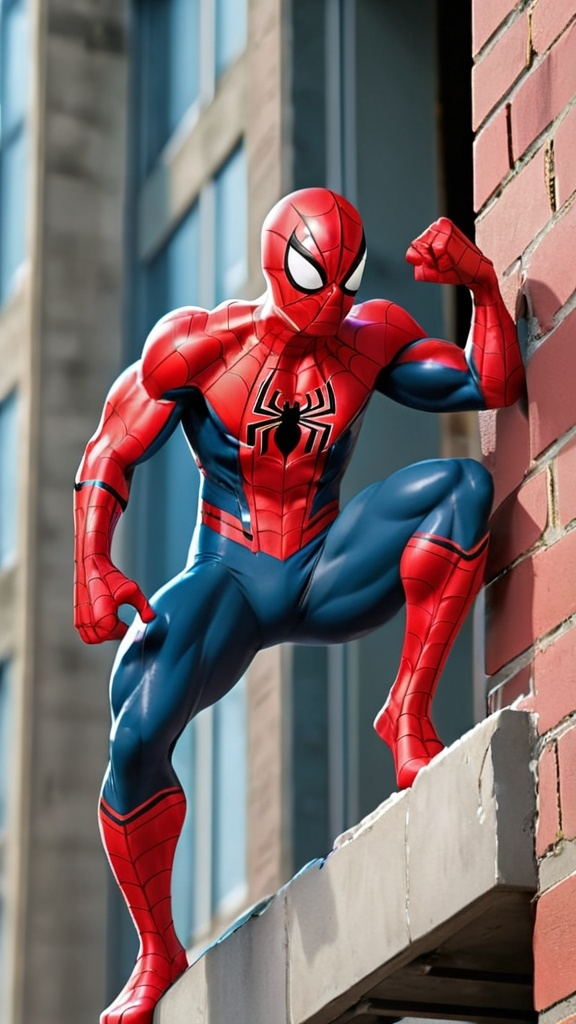 Prompt: Spiderman wearing red costume muscular and standing on a building 