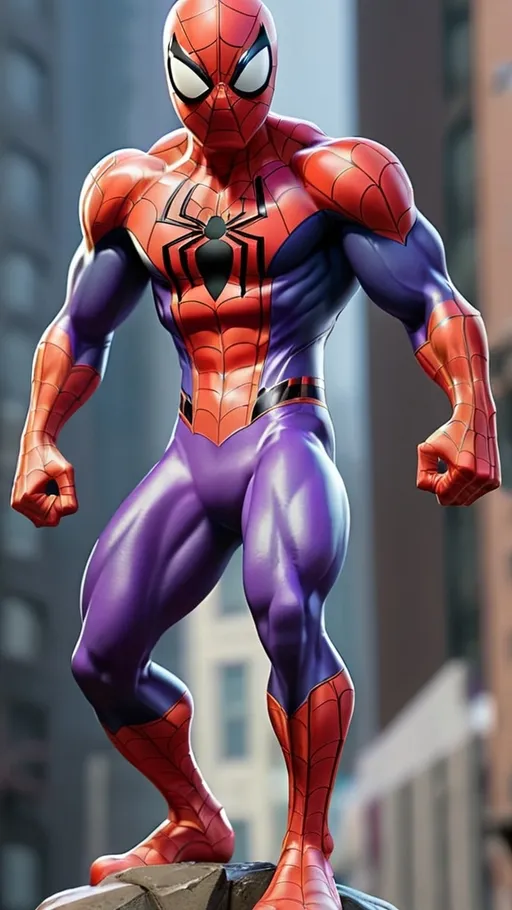 Prompt: Spiderman wearing violet costume muscular and standing 