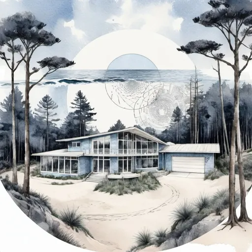 Prompt: create a circle with finely sketched, very light drawing, of architectural blue print mid century modern beach home, pine tree forrest background, ocean front, whale tale breaching
