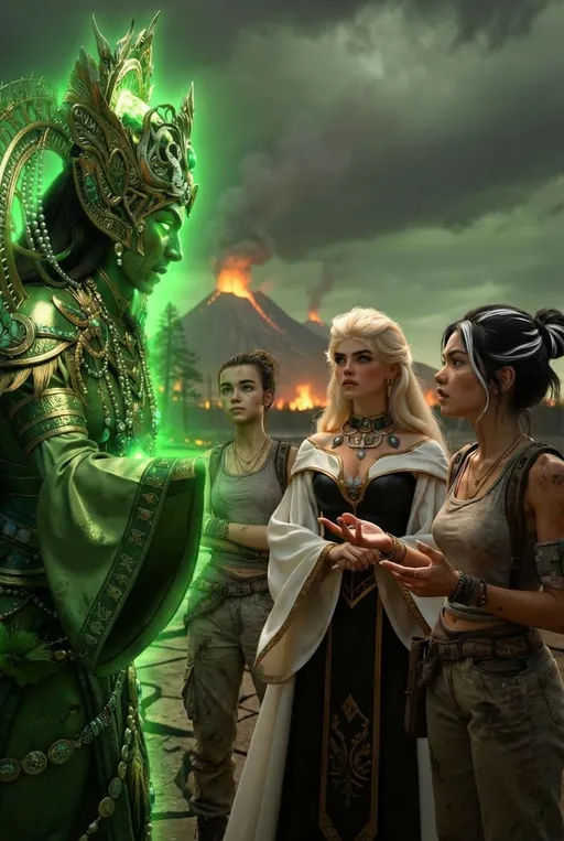 Prompt: Photorealistic rendering. Replace the green deity in image 1 with the green deity in image 4 with a glow. Replace the girl on the right side of image 1 with the hispanic woman from image 2. Add the young woman from image 3 standing beside the princess on her left in image 1.