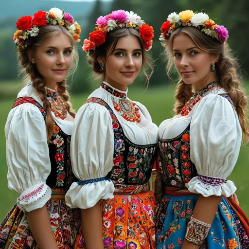 Prompt: Slavia womens with folk dress