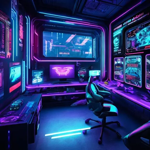Prompt: Cyberpunk gamingroom
