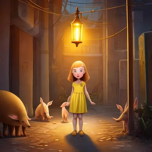 Prompt: A girl in a yellow dress standing under a street lamp with an aardvark. 