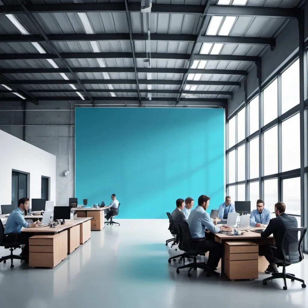 Prompt: Could be a square image about 800x800 pixels, you can include a modern office from where you can see an industrial warehouse with plane stock, people around a table with a laptop or a whiteboard talking about planning in SAP. background colors could be different tones between electric blue and aquamarine. Should be good to include in a board or a wall logos of Innova (our company), Arbomex (our client), and Ford and Chrysler (out client's clients).