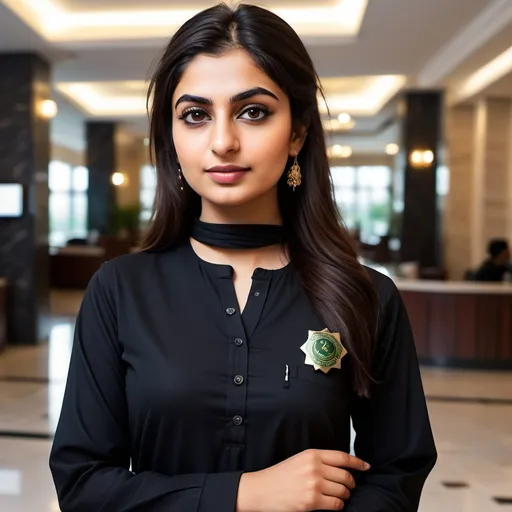 Prompt: A very realistic looking photo of a 30 year old pretty pakistani girl wearing black kameez shalwar and a badge around her neck with company name GlutaSleek. Minimal makeup posing professionally and the background is a hotel lobby