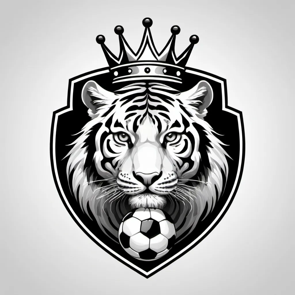 Prompt: Create a black and white soccer logo with a tiger and crown as the main theme 