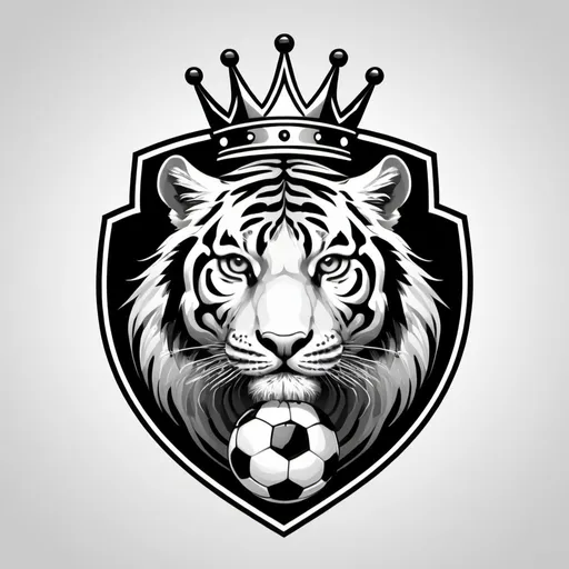 Prompt: Create a black and white soccer logo with a tiger and crown as the main theme 