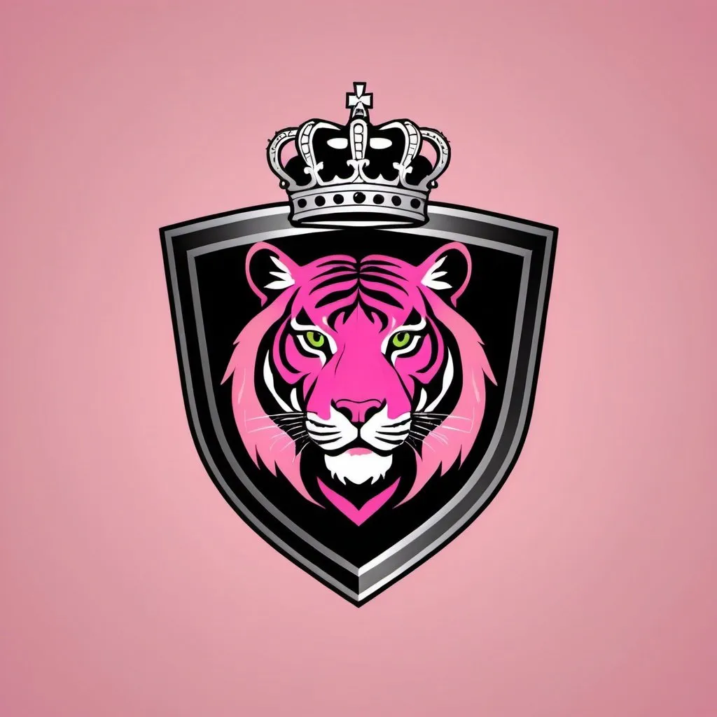 Prompt: Make a logo with a shield, tiger and crown. Use the colours pink and black.