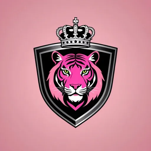 Prompt: Make a logo with a shield, tiger and crown. Use the colours pink and black.