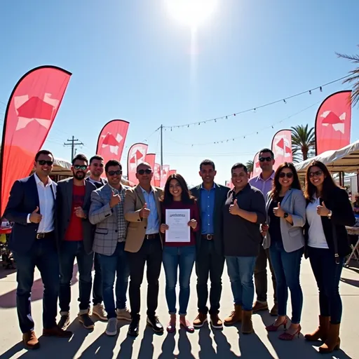 Prompt: Beneath a clear blue sky, a group of nine individuals stands together at an event marked by vibrant red and white banners, which symbolize a sense of celebration and community engagement in Tacna, Peru. Each person is dressed in a mix of formal and casual attire, with some holding documents and others giving thumbs-up gestures that express enthusiasm and solidarity. The backdrop features a bustling outdoor scene with booths partially visible, suggesting a fair or public gathering dedicated to employment and formalization initiatives. Sunlight bathes the scene in a warm glow, enhancing the collective positivity and commitment of the group towards promoting employment opportunities in the region. The overall mood is one of camaraderie and hope for future growth within the community.