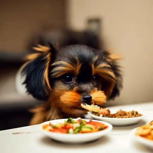 Prompt: Cute small dog eating food